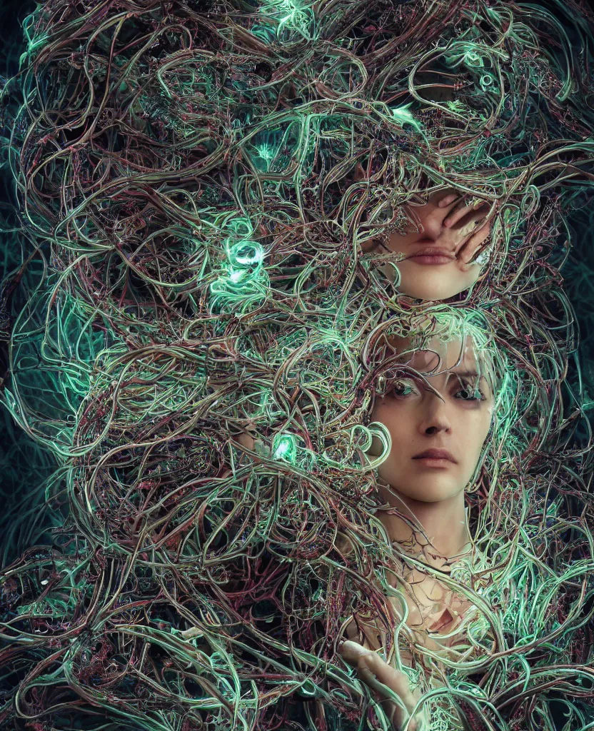 Image similar to beautiful portrait of the priestess of pain and sorrow, entangled in intricate tendrils, bio-mechanical cathedral, chaotic swirling ferrofluids, occult, octane render, glow, surreal dramatic lighting, intricate details and ornaments, 8k, cinematic, blur, shallow depth of field, neuro web, plasma, neon