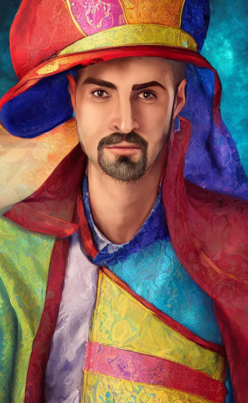 Image similar to a charming tailor of middle - eastern descent, dressed in fine colorful robes and sporting a goatee, smirking, fantasy digital painting by barret frymire by artem priakhin, high resolution 4 k