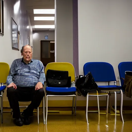 Image similar to wide angle portrait of werner herzog sitting alone in the waiting area of the dmv, wearing a party hat. wide shot, ansel adams, award winning, hyperrealistic, grand budapest hotel, studio lighting, very detailed face, chiaroscuro, film noir