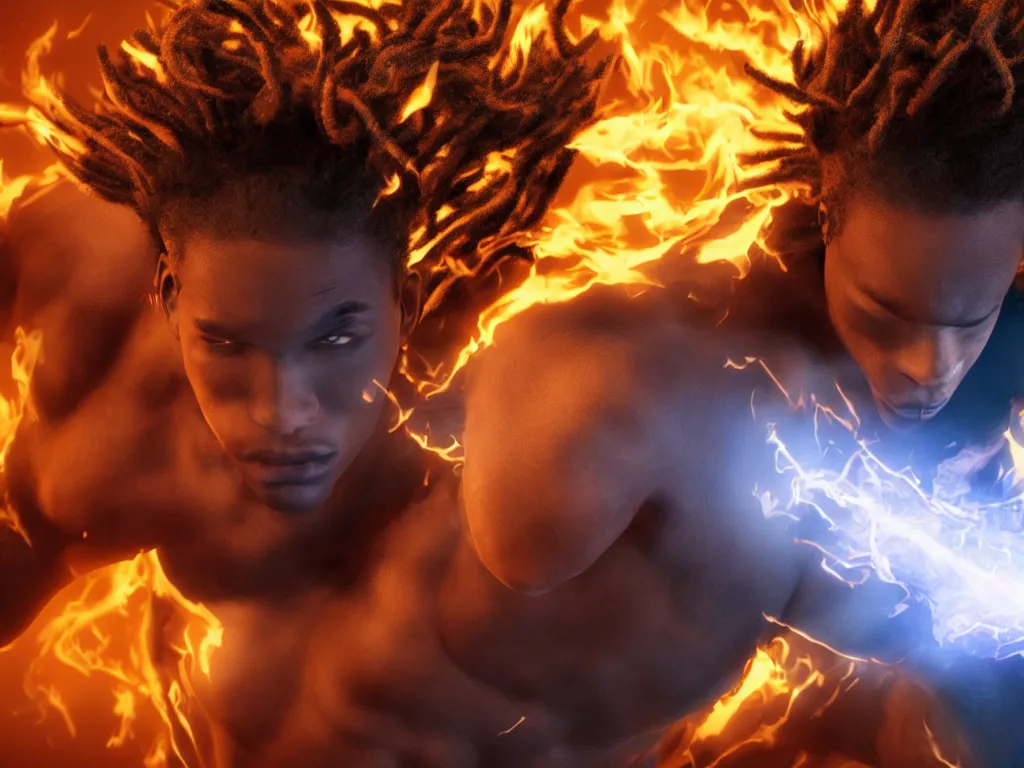 Image similar to full body cinematic, a handsome African American Johnny Storm young male superhero of the fantastic four with flaming brown dreadlocks hair, photorealistic, cinematic, high detail, dramatic lighting, unreal engine, octane render, 8k