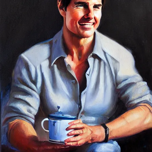 Prompt: tom cruise having a cup of tea, oil painting