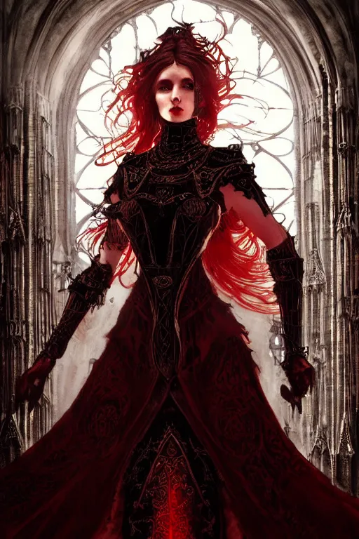 Image similar to beautiful luxury and gothic and victorian and evil medieval female reddish and black color armor knight portrait+smoky eyes+light flowing hair, in ruin gothic cathedral, ultradetail face, art and illustration by tian zi and craig mullins and WLOP and alphonse mucha, fantasy, intricate complexity, human structure, fantasy world concept, watermark, blurry, hyperrealism 8k