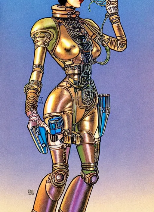 Prompt: image of beautyful female android steampunk by moebius,