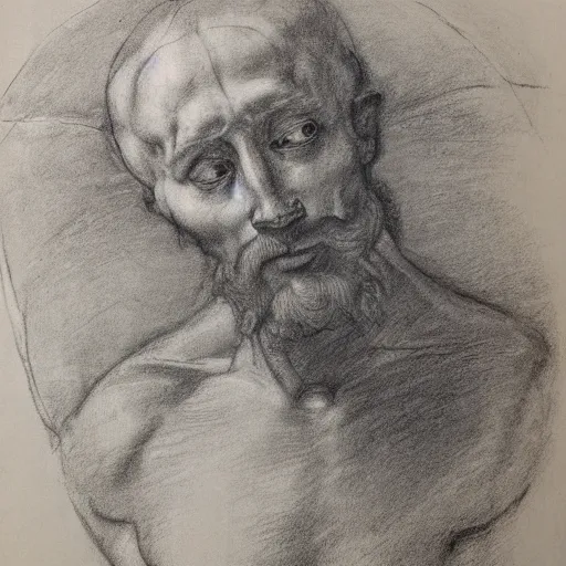 Prompt: unfinished study of mans face. michelangelo, early sixteenth century. red chalk on paper.