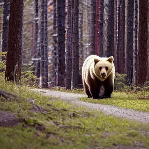 Image similar to a bear walking in the forrest. the bear is gigantic