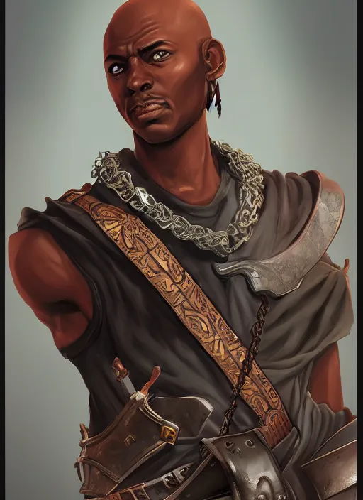 Image similar to An epic fantasy comic book style portrait painting of a young dark skinned thief with broad shoulders and a bald head in a vest in the style of the wheel of time in the style of the wheel of time, unreal 5, DAZ, hyperrealistic, octane render, cosplay, RPG portrait, dynamic lighting