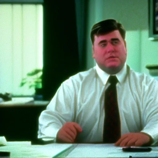 Image similar to clean - shaven chubby white man wearing a shirt and necktie sitting at a desk, 1 9 8 9 movie still, tv scan lines, cinematography, cinematic lighting