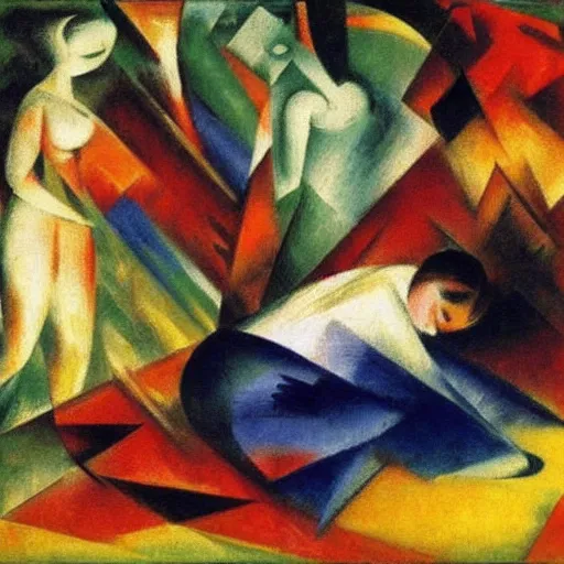 Prompt: bride falls over, oil painting by franz marc