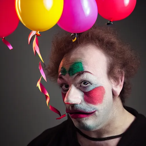 Image similar to a vintage studio portrait of a sad clown with balloons behind him, black background, chiaroscuro lighting, close up portrait, shallow depth of field, 8 0 mm, f 1. 8