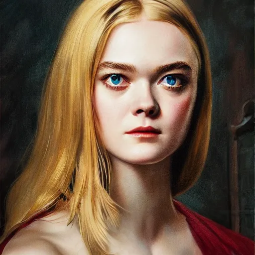 Image similar to ultra realistic medium shot portrait painting of elle fanning in prey, art by frank frazetta and j. c. leyendecker and peter paul rubens, 4 k, ultra realistic, highly detailed, epic lighting
