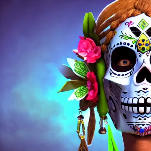 Image similar to link zelda wearing dia de los muertos mask, skulls and flowers, with aztec feathered garments sigma 7 5 mm photo realism, ultra realistic, 8 k resolution, octane render, 3 d render, unreal engine surreal