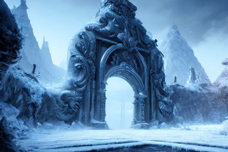 Image similar to a very detailed concept art of epic gates to frost, trending on artstation, digital art, 4 k, hyper realistic, octane render, sharp focus