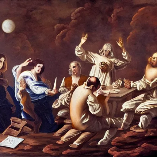 Image similar to ultra detailed baroque painting of astronauts performing a seance on the moon