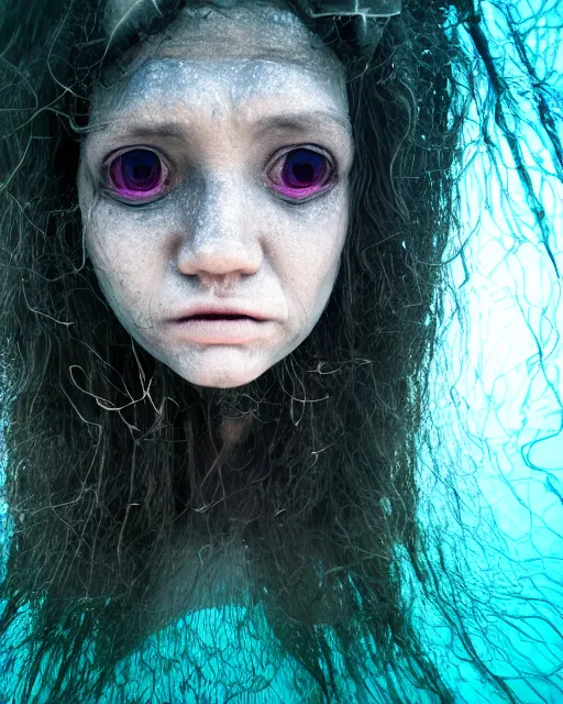 Image similar to detailed vertical eyes, beautiful face of an underwater human descendant fishwoman, darkness, macro lens, very deep sea, mariana trench, hd, dagon, fishpeople