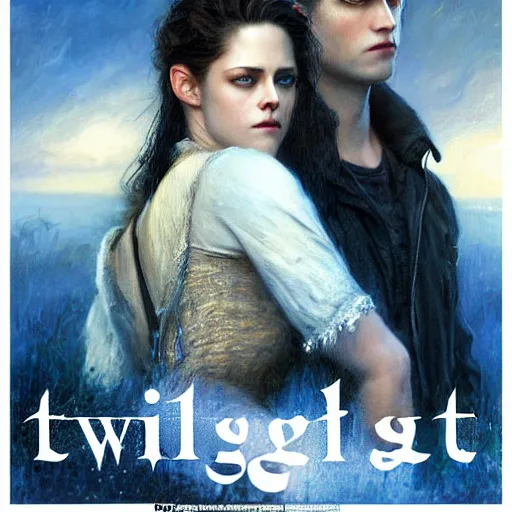 Image similar to detailed poster for twilight the movie with kristen stewart and robert pattinson, highly detailed painting by gaston bussiere, craig mullins, j. c. leyendecker 8 k, cold temperature, movie poster