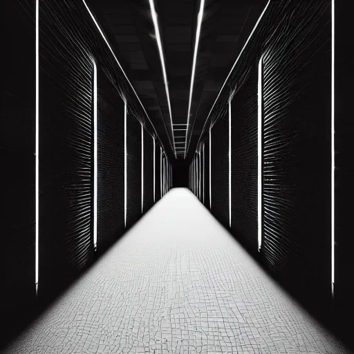 Image similar to photograph of an extremely dark narrow hallway with glowing humanoid cryptid made out of television static, dark deep black shadows, red and black color contrast in the style of trevor henderson, liminal space, 3 d octane render, glitch effect