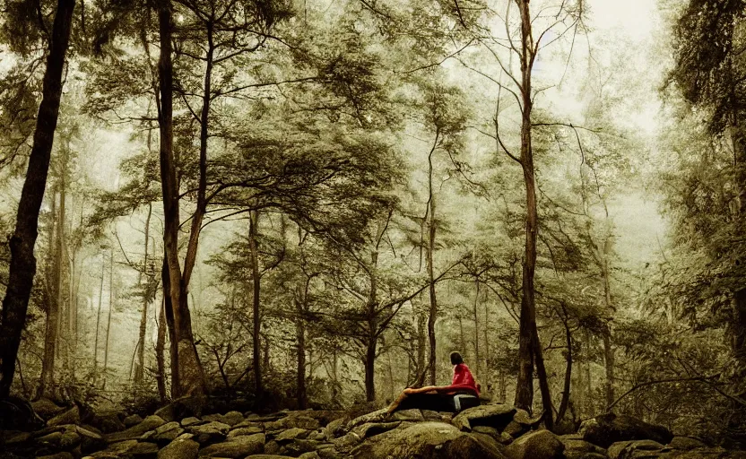 Image similar to a lonely wandering soul, resting in a forest sitting on a boulder, listening to the quiet and the breeze, smiling and looking up at the trees, by elizabeth gadd