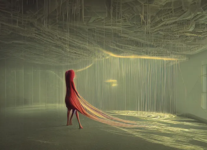 Prompt: rgb wires, a woman crawling on the ceiling, library, waterfall, cinematic, movie scene, inspired by zdzislaw beksinski, veins,, cables everywhere, bedroom, ultra realistic, concept art, intricate details, highly detailed, photorealistic, octane render, 8 k