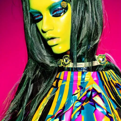 Image similar to close up of fashion model in the 6 0 ties in avant - garde dress of year 3 0 0 0, official versace editorial, highly detailed