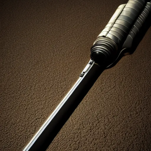 Prompt: ultra - detailed cinematic render, of a lightsaber hilt, lying on a stone, lit up in a dark room, octane render, high quality, digital art, 8 k, jedi fallen order ligthsaber, volumetric lighting