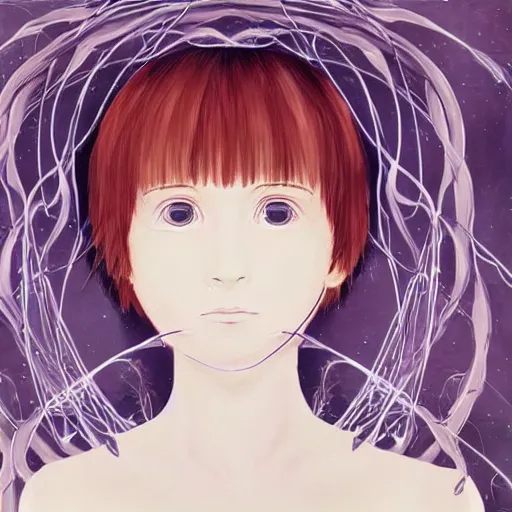 Prompt: beautiful pure evil teenager lain, cute haircut, with hundreds of network cables, neatly coming out of her head, a part of her face panel is showing, she is in pure bliss, chaos, bizarre, strange, portrait, painting, soft and intricate, fine lines