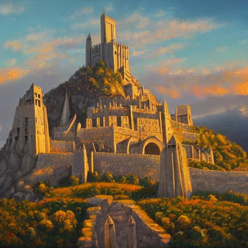 Prompt: A wide shot of Minas Tirith at golden hour, extra detailed, oil painting