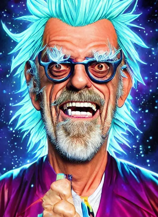 Image similar to Christopher Lloyd as Rick Sanchez by Noriyoshi Ohrai and Lisa Frank