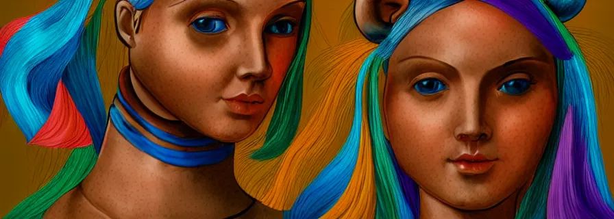 Image similar to pattern of anthropomorphic social bot network accompanying female with rainbow pony tails, cyber haircut, v decollete, leonard da vinci style