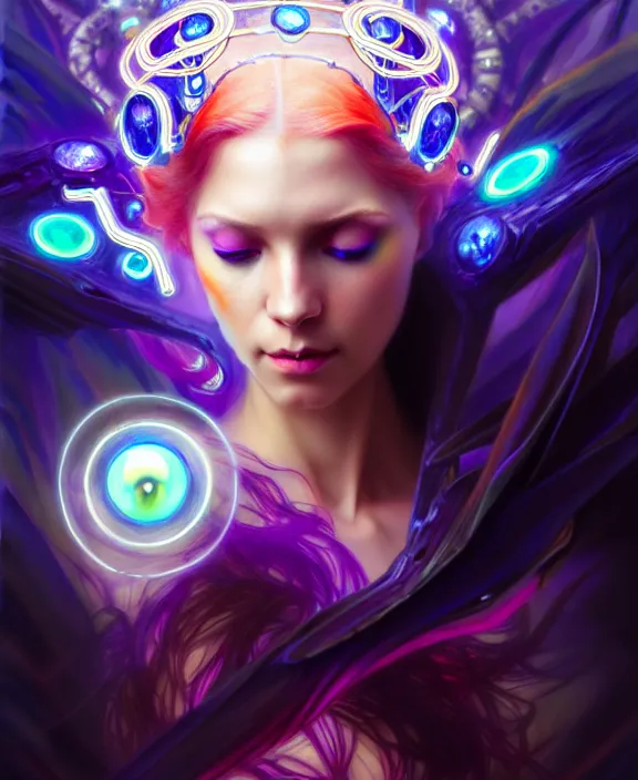 Image similar to a whirlwind of souls rushing inside the metaverse, half body, glowin eyes, tiara with sapphire, pharaoh, android, cyberpunk, d & d, fantasy, intricate, elegant, highly detailed, colorful, vivid color, digital painting, artstation, concept art, art by artgerm and greg rutkowski and alphonse mucha and ruan jia