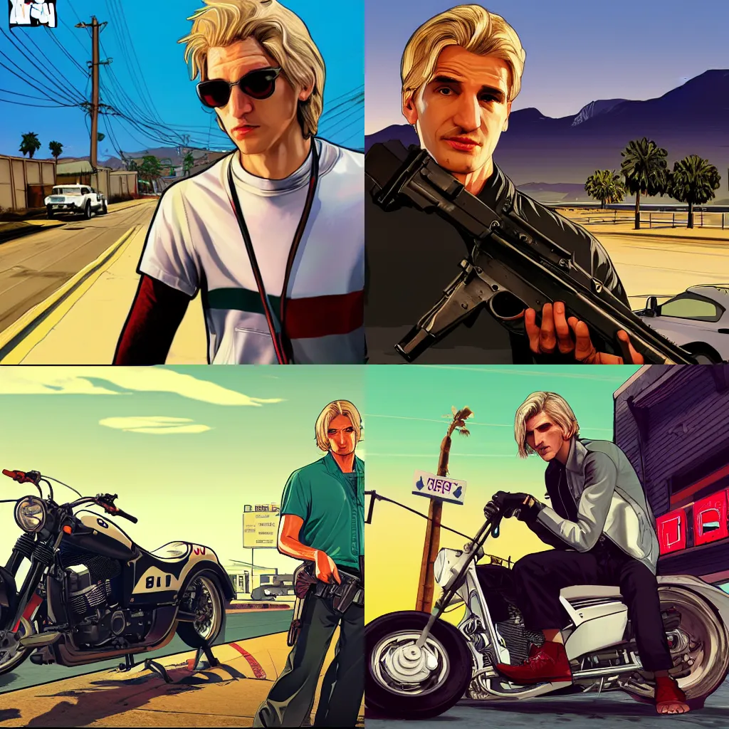 Prompt: xqc in GTA 6, cover art by Stephen Bliss, artstation, no text