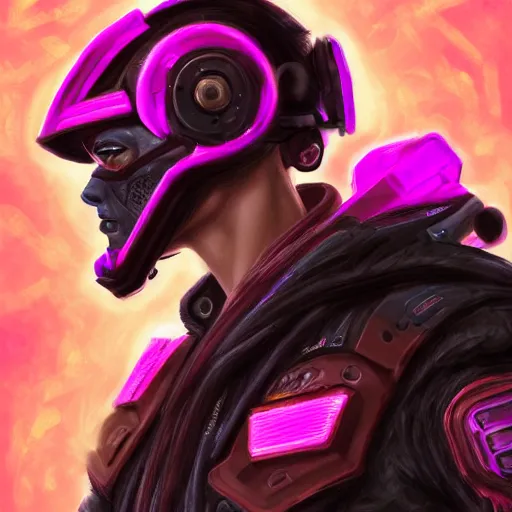 Image similar to profile portrait, helmet tiger cyberpunk made of pink lava and fire in dc comics style, aurora digital package, profile portrait, cyberpunk fashion, realistic shaded perfect face, fine details, very dark environment, misty atmosphere, closeup, d & d, fantasy, intricate, elegant, highly detailed, digital painting, artstation, concept art, matte, sharp focus, illustration, hearthstone
