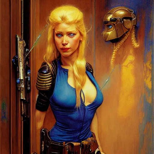 Image similar to portrait of beautiful blonde female sniper with blue eyes in front of room door. shadowrun cyberpunk fantasy d & d painting by gaston bussiere craig mullins jc leyendecker gustav klimt artgerm greg rutkowski john berkey, bergey, craig mullins, ruan jia, raymond swanland, tom lovell fortnite