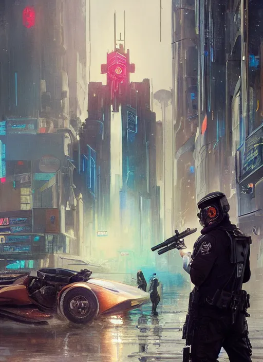 Prompt: Modern Teddy Roosevelt. Cyberpunk cop in tactical gear. plastic raincoat. blade runner 2049 concept painting. Epic painting by James Gurney, Azamat Khairov, and Alphonso Mucha. ArtstationHQ. painting with Vivid color. (rb6s, Cyberpunk 2077)