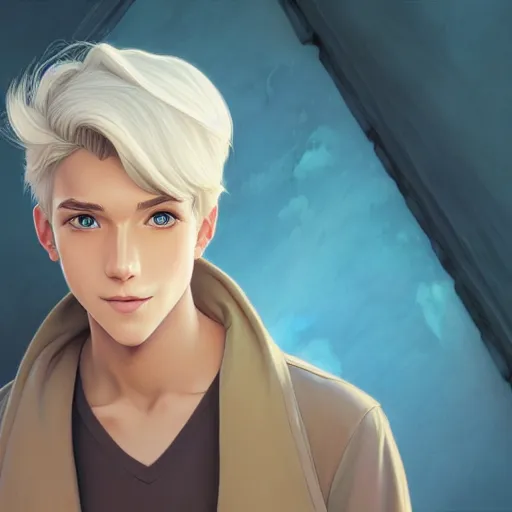 Image similar to young man with short, ash blond greyish hair, path traced, highly detailed, high quality, digital painting, by don bluth and ross tran and studio ghibli and alphonse mucha, sylvain sarrailh