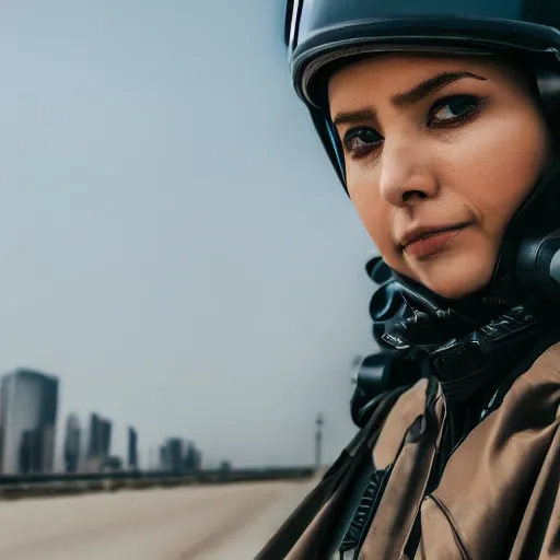 Image similar to photograph of a techwear woman, closeup, on a desert road with a futuristic city in the horizon, sigma 85mm f/1.4, 4k, depth of field, high resolution, 4k, 8k, hd, full color