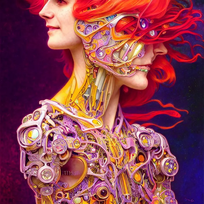 Image similar to bright psychedelic portrait of organic cyborg, wings, smiling, diffuse lighting, fantasy, intricate, elegant, highly detailed, lifelike, photorealistic, digital painting, artstation, illustration, concept art, smooth, sharp focus, art by John Collier and Albert Aublet and Krenz Cushart and Artem Demura and Alphonse Mucha