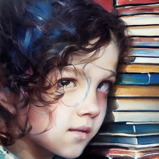 Image similar to a seven year old girl with short curly light brown hair and blue eyes sitting amidst tall piles of books. beautiful painting by raymond swanland and magali villanueve, beautiful detailed face.