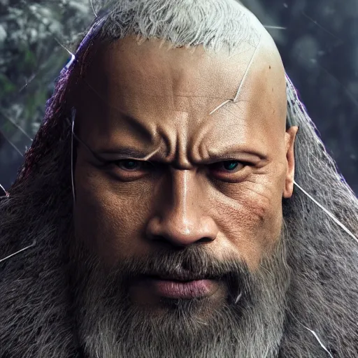 Image similar to a digital art close up portrait of pale demon dwayne johnson as ancient druid mage from dark souls, old witcher with long beard character sheet, 4 k, ultra detail, volumetric lighting, unreal engine, octane render