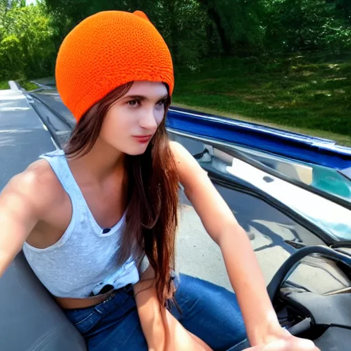 Image similar to girl lounging in a convertible car wearing an orange beanie and a sleeveless shirt, selfie, faint smile