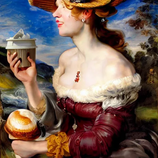 Image similar to heavenly summer sharp land sphere scallop well dressed lady drinking a starbucks coffee, auslese, by peter paul rubens and eugene delacroix and karol bak, hyperrealism, digital illustration, fauvist, starbucks coffee