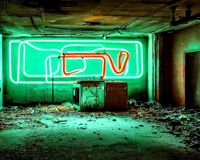 Image similar to An abandoned industial basement lit by a neon sign that says GAK, GAK sign, basement, cinematography by Robby Müller, GAK basement, industrial