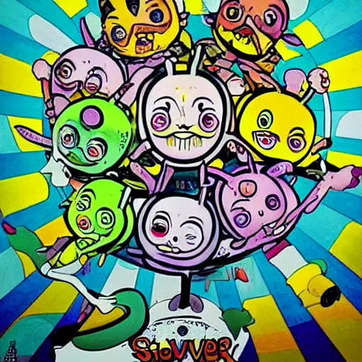 Prompt: survivor on an island full of evil teletubbies, takashi murakami artwork, sinister teletubbies, lsd