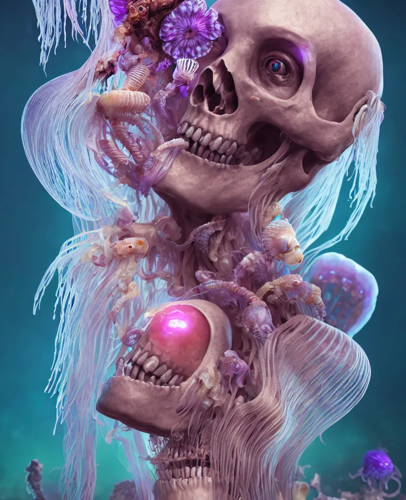 Image similar to goddess close - up portrait human skeleton, ram skull, jellyfish, orchid, betta fish, bioluminiscent, intricate artwork by tooth wu and wlop and beeple. octane render, trending on artstation, greg rutkowski very coherent symmetrical artwork. cinematic, hyper realism, high detail, octane render, 8 k