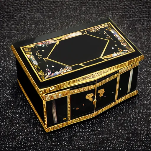 Image similar to a photo of a black jewellery box with intricate ultra detailed iridescent mother - of - pearl inlay on a black background photorealistic 8 k