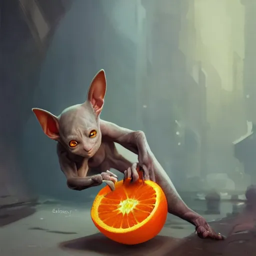 Image similar to An adorable hairless goblin cat stealing an orange, by Stanley Artgerm Lau, WLOP, Rossdraws, James Jean, Andrei Riabovitchev, Marc Simonetti, and Greg Rutkowski, trending on artstation