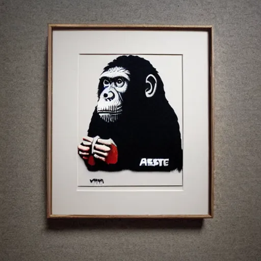 Image similar to ape as a artist made by banksy