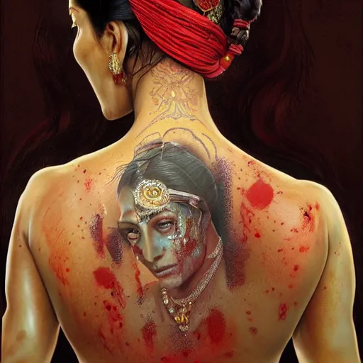 Image similar to portrait painting of a muscular bloodied indian woman lower back, tattooed, wearing sari, ultra realistic, concept art, intricate details, eerie, highly detailed, photorealistic, octane render, 8 k, unreal engine. art by artgerm and greg rutkowski and alphonse mucha