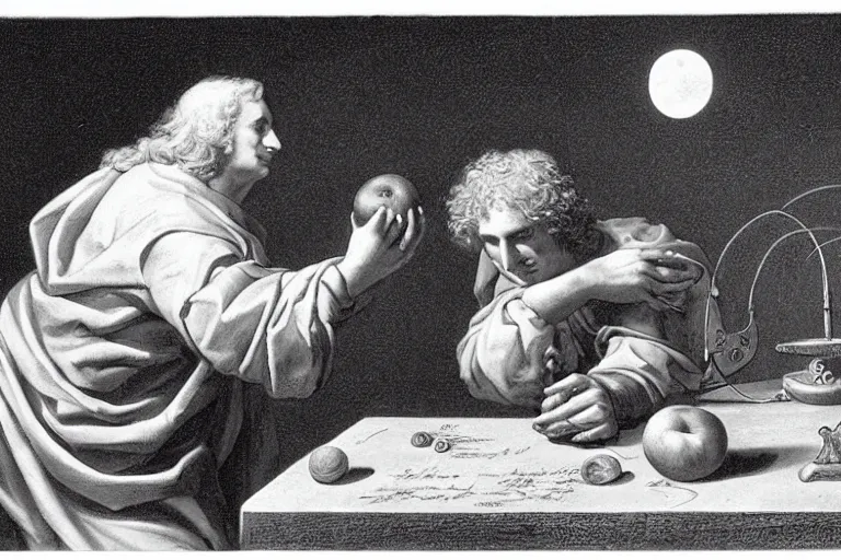 Prompt: Isaac Newton holding an apple in his hands and looking at the moon, by Brothers Hildebrandt