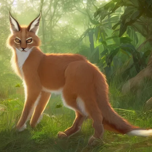 Prompt: a digital art of cute fluffy caracal at after noon, green and warm theme, by krenz cushart and mucha and akihito yoshida and greg rutkowski and makoto shinkai, long shot, back lighting, detailed eyes, 4 k resolution, trending on art station