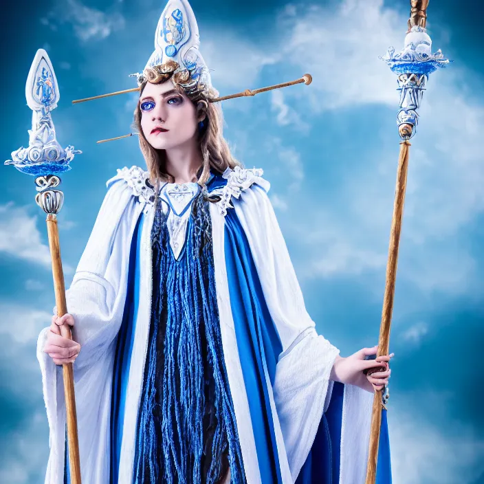 Prompt: photograph of a real-life beautiful sky witch with ornate white and blue robes and staff. Extremely detailed. 8k